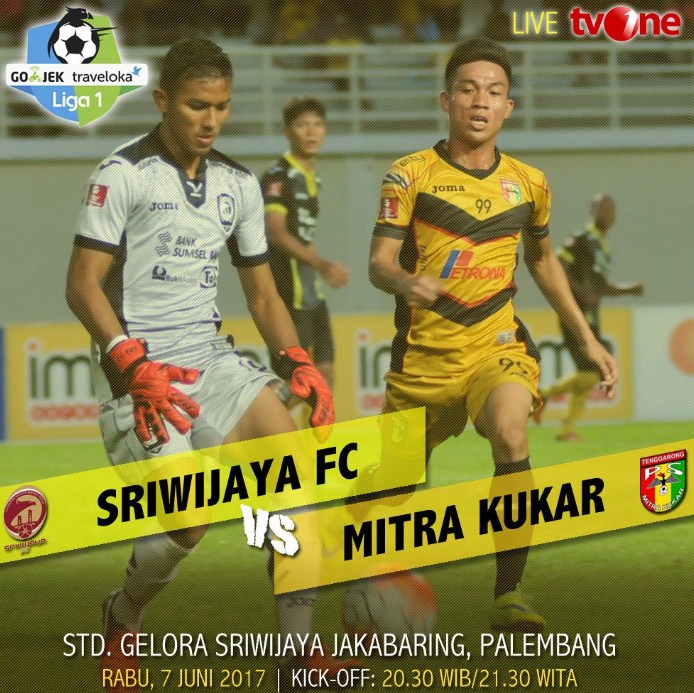 live streaming Sriwijaya FC vs Mitra Kuakar siaran langsung Liga 1 malam ini di TV One