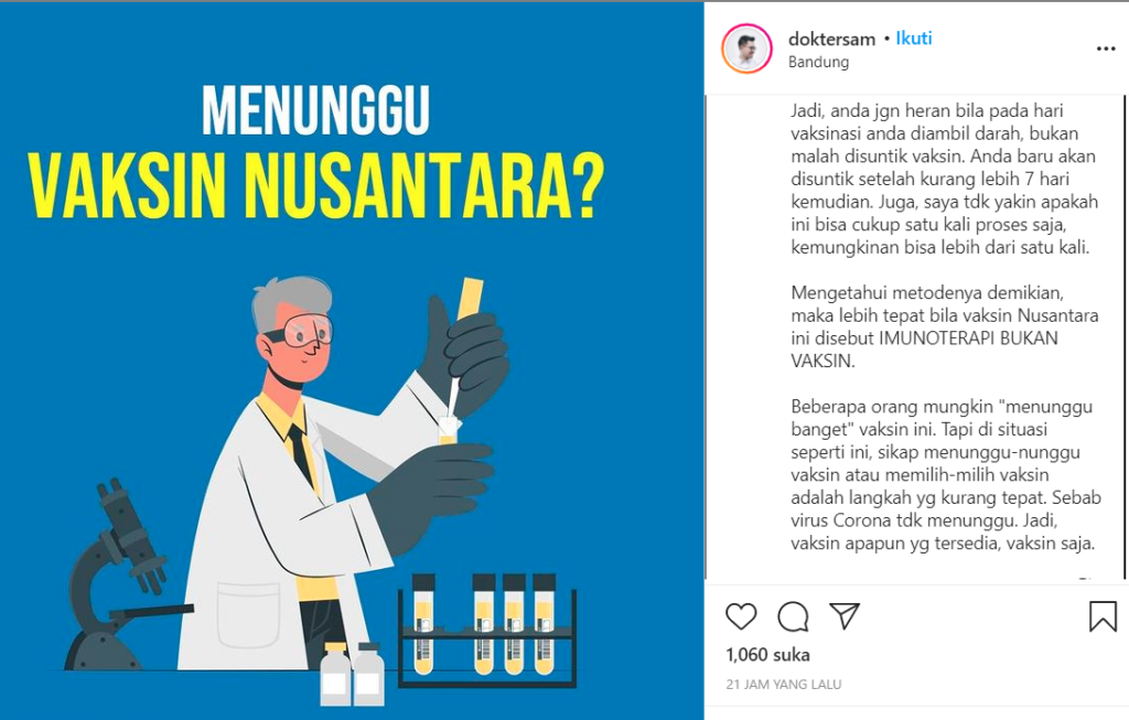 Dokter RSUP Hasan Sadikin: Vaksin Nusantara Lebih Tepat Disebut Imunoterapi Bukan Vaksin