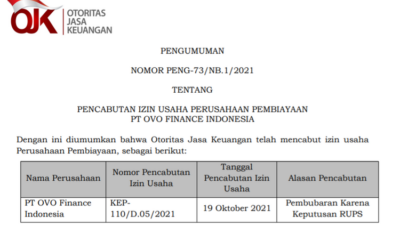 OJK Cabut Izin Usaha OVO Finance Indonesia, Ini Alasannya