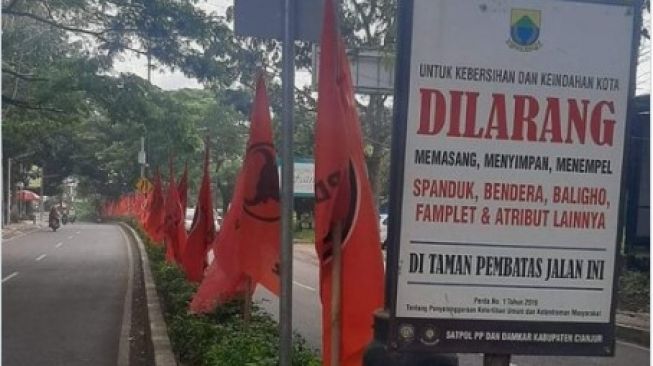 Sudah Ada Tanda Larangan, Bendera PDIP Tetap Berdiri di Sepanjang Jalan Meski Langgar Perda