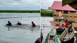 Miris! Sekolah Terendam Banjir, Para Murid SDN Sungai Buluh Terpaksa Naik Baskom Lewati Rawa